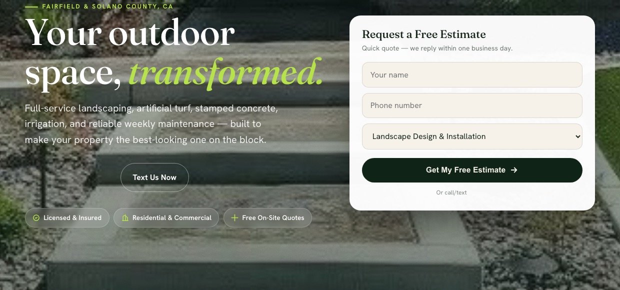A landscaping company's site built by CREATIIV: a photograph of a finished front yard behind the headline, with a quote form beside it.